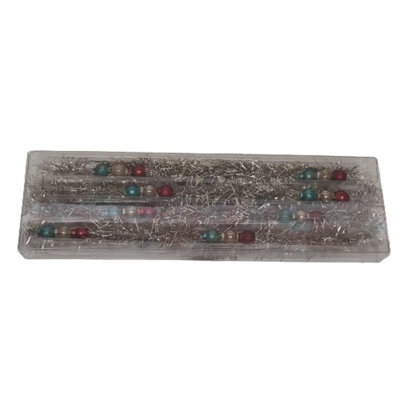 Vintage Style Patriotic Red, White, Blue Tinsel Garland with Glass Beads - Picture 2 of 5